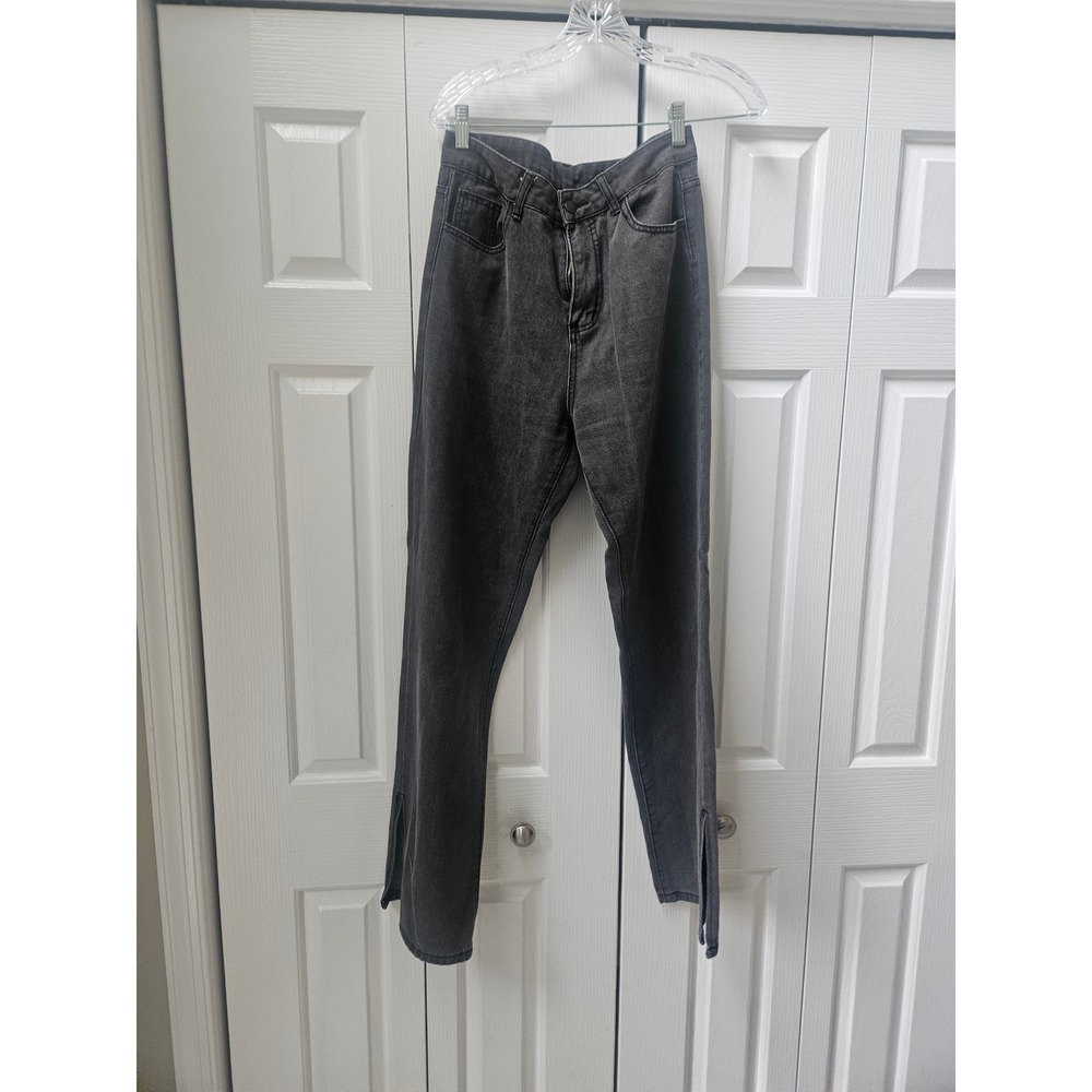 Womens Faded Black High Waisted Straight Leg Jeans with Split Hem Detail